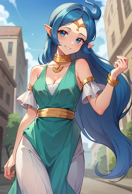 score_9, score_8_up, score_7_up, masterpiece, source_anime, 1girl, ct_nayru, long hair, blue hair, ahoge, blue eyes, gold circlet, choker, gold necklace, dress, gold bracelet, armlet, looking at viewer, outdoors, depth of field, city, cowboy shot, cleavage, medium breasts, smile, leaning forward, from below, <lora:Nayru_Pony_ct:0.9>