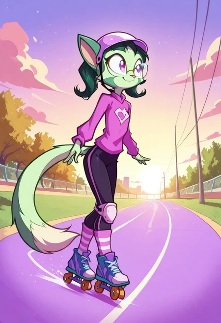 Dreamkeepers,1girl,prelude_lilith,solo,furry,tail,green hair, source_furry,glasses,magenta eyes,
child, kid,
roller_skates, park_path, helmet, knee_pads, smile, movement, sunset, outdoor, windblown_hair, striped_socks, sneakers, determination, roller skating on a park path at sunset