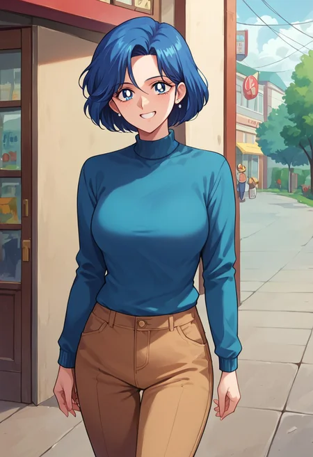 (masterpiece), best quality, a 30-year-old woman with (blue bob hair) and blue eyes, she wears a (cyan blue sweater) (long sleeves) and (brown pants), light grin, mature female, motherly, score_9, score_8_up, score_7_up, source_anime, score_9, score_8_up, score_7_up, sm90s