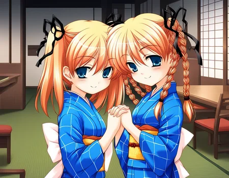 score_9, score_8_up, score_7_up, source_anime, rating_explicit, BREAK <lora:Itsukiï¼Imi_Ver2.0_XL:1>Itsukiï¼Imi, multiple girls, 2girls, japanese clothes, blue kimono, braid, siblings, twin braids, twintails, closed eyes, ribbon, yukata, long sleeves, blue kimono, sash, smile, obi, blush, own hands together
short stack,
looking at viewer,
cowboy_Shot,
room, chair, red carpetm