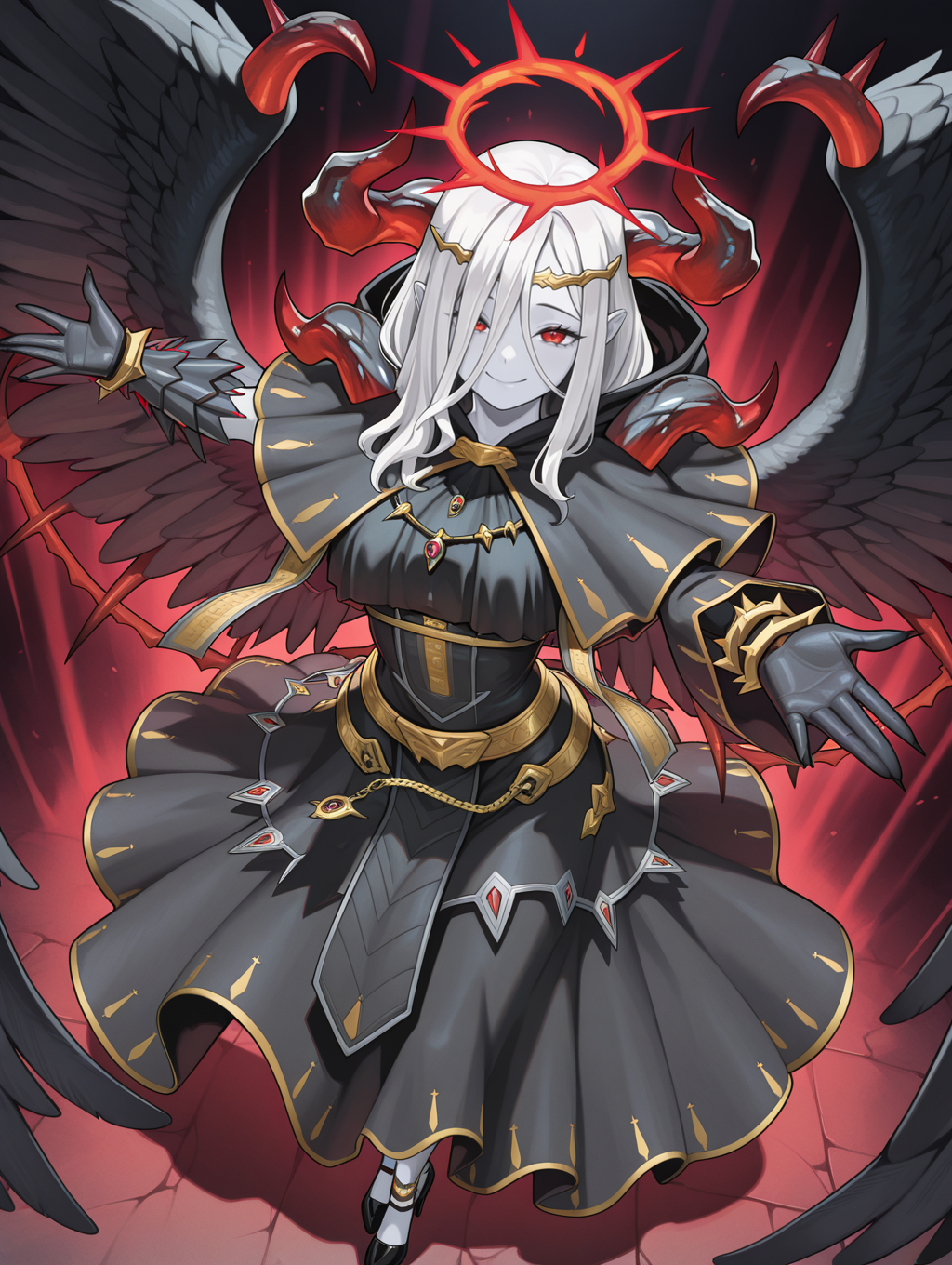 fallen angel,condemned darklord,1girl,solo,white skin,looking at viewer,smile,outstretched arms,red halo,gold circlet,black gloves,black feathered wings,black dress,black capelet,dutch angle,black high heels,
masterpiece,best quality,amazing quality,very aesthetic,absurdres,newest,<lora:Condemned Darklord illuXL v1.1:0.75>,