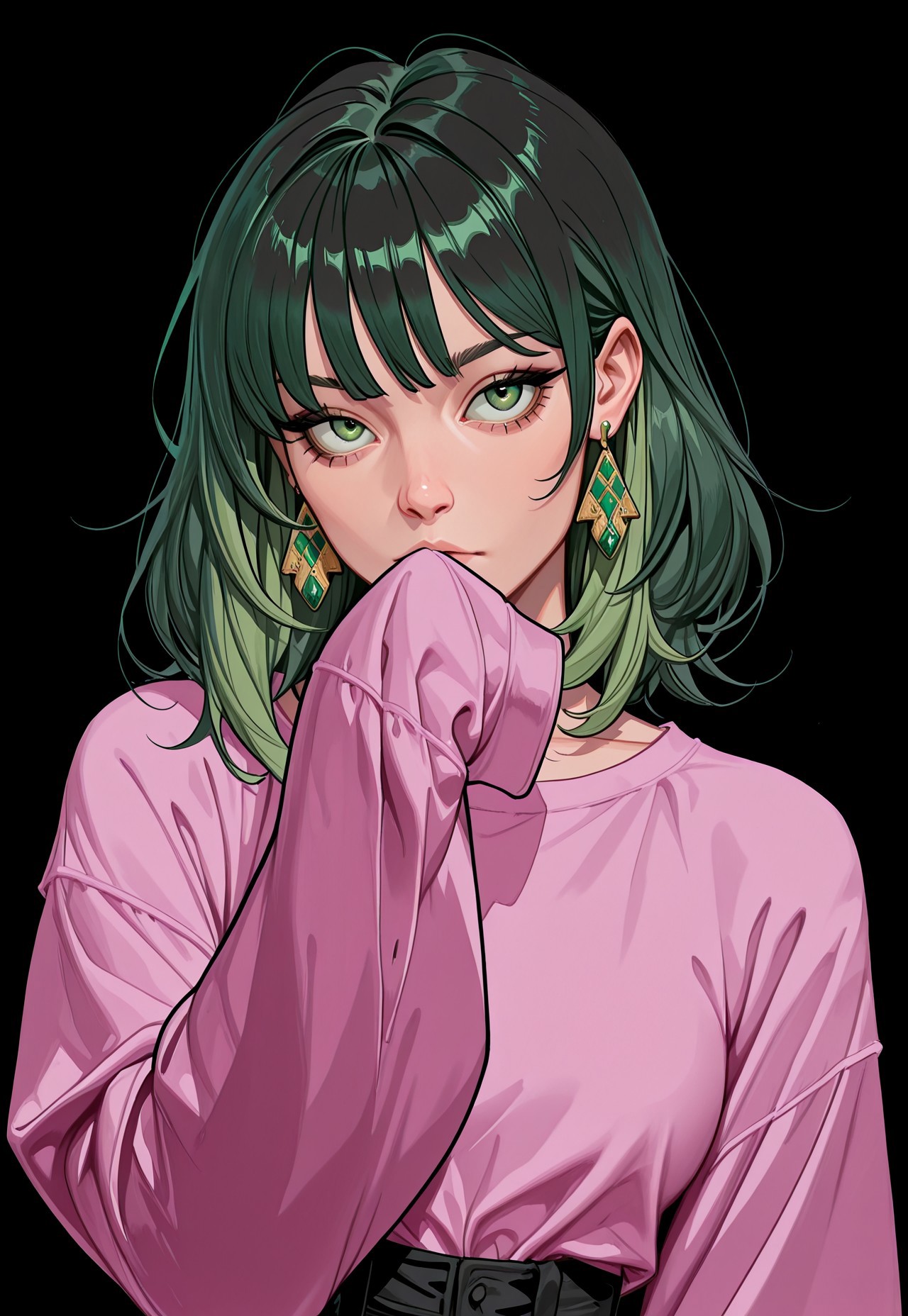 masterpiece, best quality, absurdres, very aesthetic, D3ND3N, 1girl, solo, green hair, black background, jewelry, earrings, sleeves past wrists, looking at viewer, green eyes, simple background, long sleeves, sleeves past fingers, bangs, medium hair, pink shirt, upper body