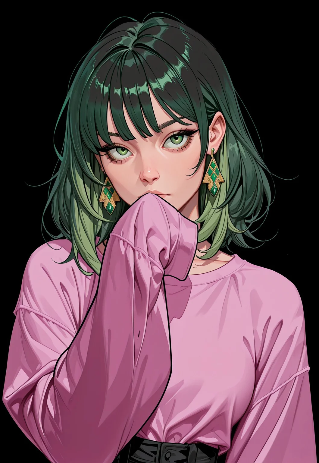 masterpiece, best quality, absurdres, very aesthetic, D3ND3N, 1girl, solo, green hair, black background, jewelry, earrings, sleeves past wrists, looking at viewer, green eyes, simple background, long sleeves, sleeves past fingers, bangs, medium hair, pink shirt, upper body