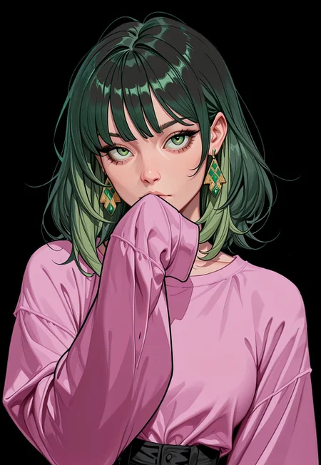 masterpiece, best quality, absurdres, very aesthetic, D3ND3N, 1girl, solo, green hair, black background, jewelry, earrings, sleeves past wrists, looking at viewer, green eyes, simple background, long sleeves, sleeves past fingers, bangs, medium hair, pink shirt, upper body