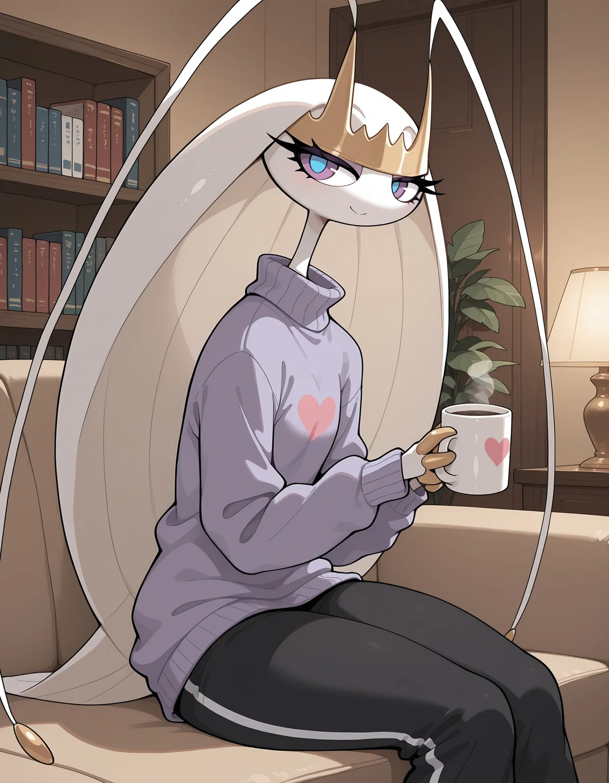 masterpiece, best quality, amazing quality, very detailed, newest, no humans, WnPhrms, pokemon \(creature\), insectoid, arthropod, purple eyes, blue pupils, gold claws, gold tiara, cinematic lighting, (solo), anthro, pokemon \(creature\), insect, arthropod, 1girl, sitting on a couch, purple turtleneck sweater, holding a coffee mug with both hands, smile, looking at viewer, looking to the side, happy, heart, long black pants, long sweater looking at viewer, sweatpants, baggy pants, heart motif, living room, lamp, bookshelf, plant, <lora:4630d43b-34ad-44b5-a98d-ee1aa835f397:0.9>