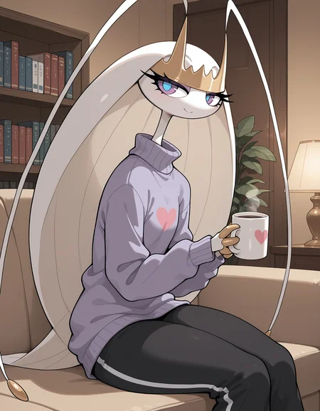 masterpiece, best quality, amazing quality, very detailed, newest, no humans, WnPhrms, pokemon \(creature\), insectoid, arthropod, purple eyes, blue pupils, gold claws, gold tiara, cinematic lighting, (solo), anthro, pokemon \(creature\), insect, arthropod, 1girl, sitting on a couch, purple turtleneck sweater, holding a coffee mug with both hands, smile, looking at viewer, looking to the side, happy, heart, long black pants, long sweater looking at viewer, sweatpants, baggy pants, heart motif, living room, lamp, bookshelf, plant, <lora:4630d43b-34ad-44b5-a98d-ee1aa835f397:0.9>
