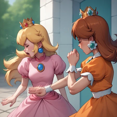 score_9, score_8_up, score_7_up, slapping, motion lines, motion blur, 2girls, <lora:WillSmithSlappingMeme_pdxl_Incrs_v1:0.55>, upper body,
BREAK princess peach, pink dress,
BREAK princess daisy, orange dress,