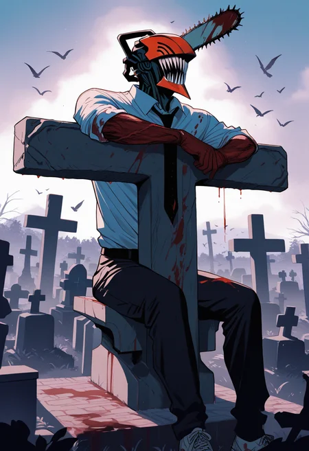 masterpiece, high score, great score, absurdres, 1boy, denji, chainsaw man, blood on clothes, shirt, black tie, black pants, sitting_on_cross, cemetery, lot of cross