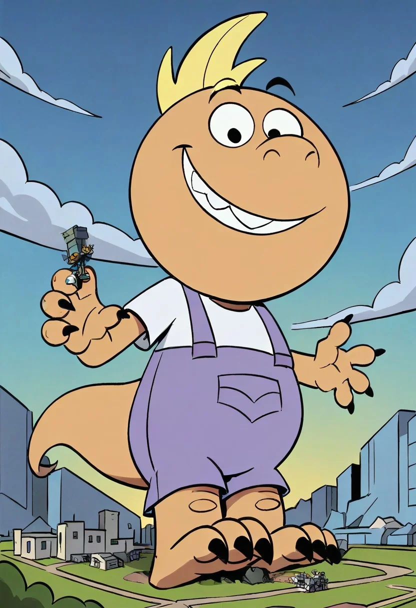 (score_9 | score_8_up | score_7_up) ((masterpiece:1))(best quality,very high quality,ultra detailed:1.2) (2D,cartoon style,anime style)(Smooth:2)(clean blurring) (four fingers on each hand,one thumb on each hand:1), Leon Loud, solo, 1boy, light Blonde hair, two strands of light Blonde hair, teeth, white shirt, lavender overalls, dinosaur monster, Smug, evil smile, evil grin, dark yellow skin, white eyes, male focus, claws, solo, macro, growth, destruction, giantess, wide eyes,giantess,inflation, explosions around feet, dust near paws,(shrunken city :1.4), (shrunken cityscape:1.3), micro cityscape, solo, full body