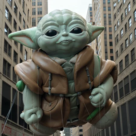 <lora:B41100n_01C-final:0.9>,a raw photograph of couple of large helium filled (B41100n balloon:1.4) shaped like (toy Baby Yoda doll:1.2),prone,floating high above the street with team holding guide ropes,during Macy's NYC parade,with park and trees behind,with tall buildings in background,(slightly above shot angle:1.1),realistic photograph,wide_angle_view,highres,absurdres,hyper realistic,HDR UDH 8K wallpaper,photo realistic,award winning,best quality,masterpiece,intricately detailed,high contrast,