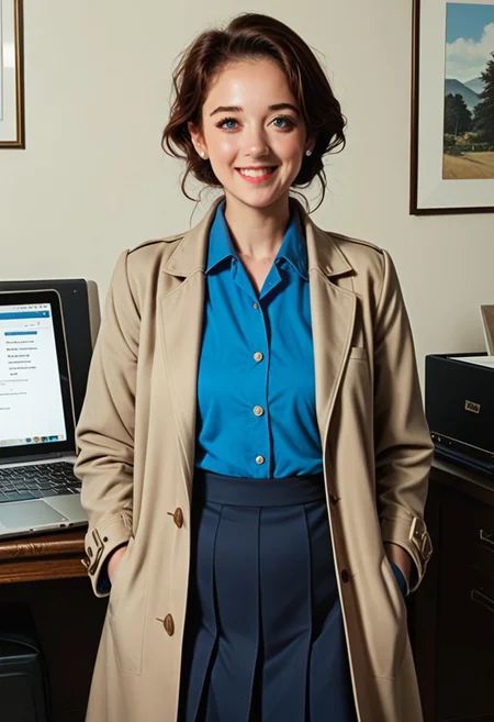 Ugly score_9, score_8_up, score_7_up, source_anime, 1girl, brown hair, slight smile,blue shirt, trench coat, laptop, dark office, espionage, 1 girl, , blue shirt, short brown skirt