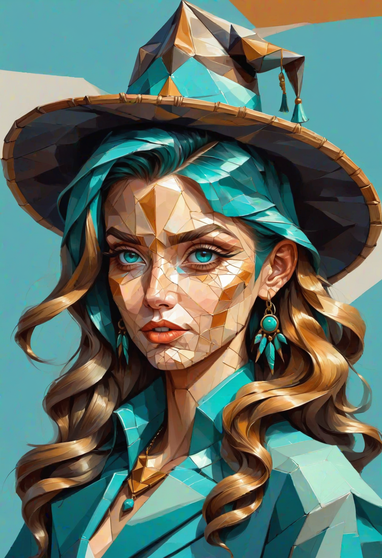 DonMG30T00nXL painting female legal age, lean, russian, turquoise eyes, pointed ears,  pointed chin with cleft, underbite jaw,    striking birthmarks,  , caramel feathered haircut hair, happiness wearing  bell-bottom jumpsuit,  flared sleeve top,  wide-brimmed hat, ,, hands clasped in front, showing attentiveness, courthouses, bamboo,serpentine stone,wood shingles or shake roof, fluorescent outdoor fixtures,halogen floodlights, strobe lights <lora:DonMG30T00nXL-000008:1>
