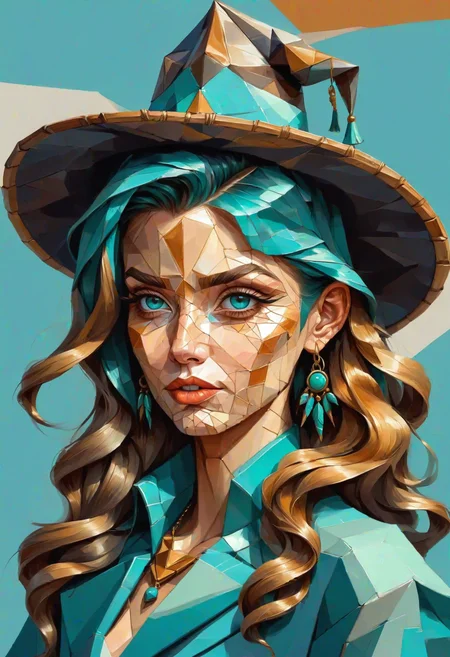 DonMG30T00nXL painting female legal age, lean, russian, turquoise eyes, pointed ears, pointed chin with cleft, underbite jaw, striking birthmarks, , caramel feathered haircut hair, happiness wearing bell-bottom jumpsuit, flared sleeve top, wide-brimmed hat, ,, hands clasped in front, showing attentiveness, courthouses, bamboo,serpentine stone,wood shingles or shake roof, fluorescent outdoor fixtures,halogen floodlights, strobe lights <lora:DonMG30T00nXL-000008:1>