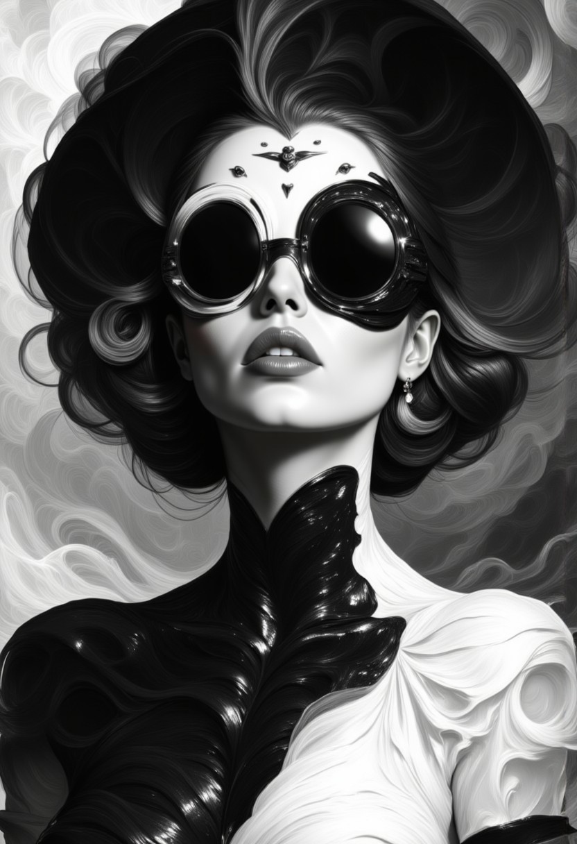 Black and white image of a woman with a large wide brimmed slouch hat, (((in the style of very elegant 1930s Vogue magazine black and white illustrations:1.4)))