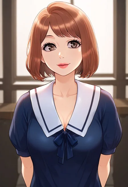 score_9, score_8_up, score_7_up, ASCII masterpiece, source_anime, BREAK, 1girl, solo, (( <lora:ye-won:1> , ye-won, thin waist, medium hips, beautiful skin, short girl, piercing dark brown eyes, clear eyes, bright pupils, beautiful eyes, beautiful brown hair, beautiful medium bob haircut, bangs, medium breasts, natural beauty, extraordinary beautiful cute woman, attractive and cute woman, super sexy cute woman, lustful body, sexy woman with seductive obscene body, sensual body, voluptuous body, cute sexy beauty, no piercings, no piercing, )) , ((beautiful short-sleeves navy blue sailor dress with white sailor collar and blue ribbon, )) , sexy pose, cowboy shot, seducative smile, sexy, hands behind back, inside hotel room, morning lights,
