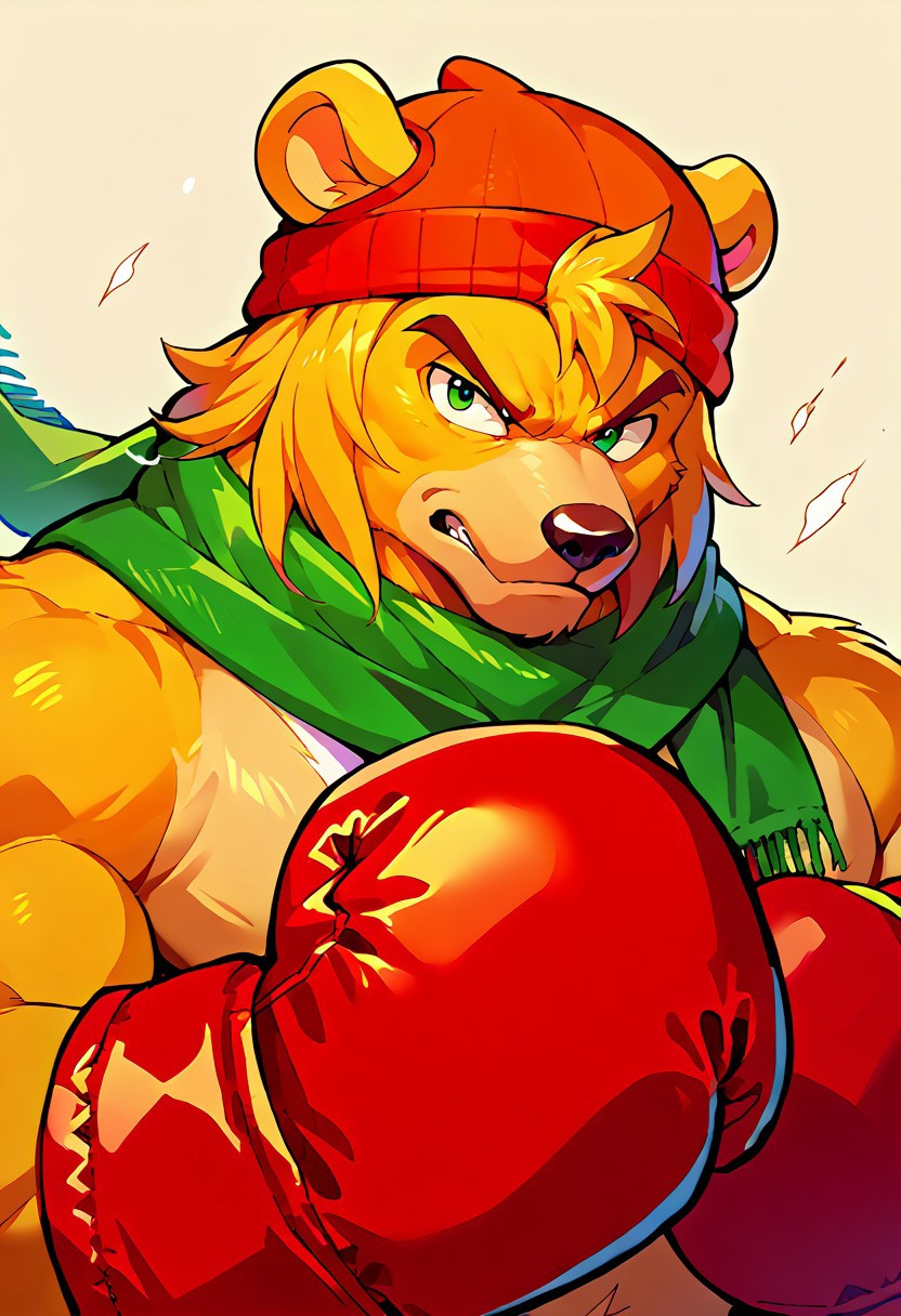 score_9, score_8, score_7, score_6, 1man, solo, furry, anthro, anthro bear, source_cartoon, Bark the bear, green scarf, orange beanie, furry male, simple background, gloves, upper body, fighting stance, portrait, looking at viewer, (boxing gloves),