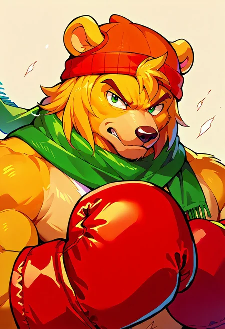 score_9, score_8, score_7, score_6, 1man, solo, furry, anthro, anthro bear, source_cartoon, Bark the bear, green scarf, orange beanie, furry male, simple background, gloves, upper body, fighting stance, portrait, looking at viewer, (boxing gloves),