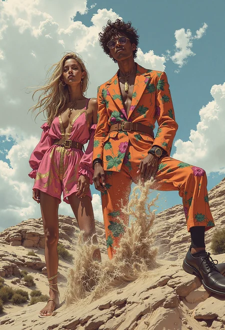 anime illustration of two stylish individuals posing in a sandy, rocky landscape under a bright blue sky with scattered clouds. On the left stands a young woman in a vibrant pink and gold patterned one-piece outfit, cinched at the waist with a belt, her loosely styled hair adding a natural, carefree look. Beside her is a young man dressed in a bold orange suit adorned with colorful tropical patterns of fruits and flowers, complete with a matching belt and paired with dark shoes. His tousled hair complements the striking, high-fashion ensemble. The earthy tones of the rocks and sand contrast sharply with their vivid outfits, while a sense of motion is captured in the sand near their feet, suggesting wind or movement. The overall aesthetic exudes the energy of a high-fashion editorial shoot blending bold style with a rugged natural backdrop.