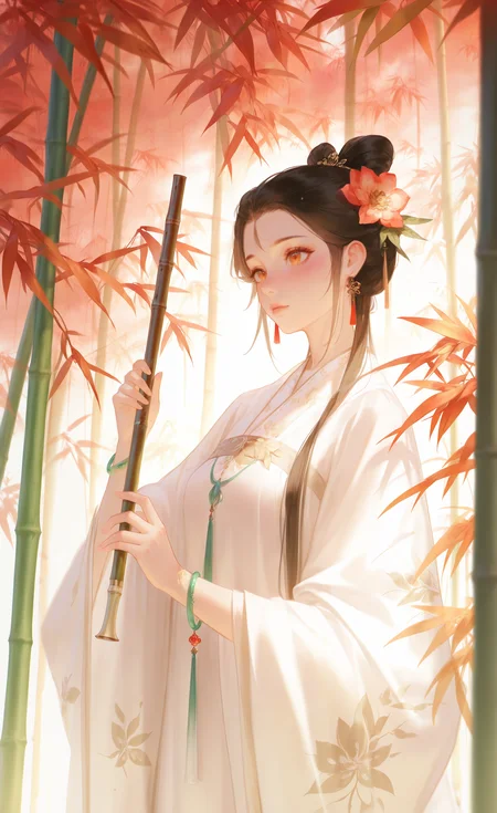 masterpiece, best quality, Good quality, very aesthetic, absurdres, newest, 1girl, hanfu,solo, long_hair, breasts, blush, black_hair, long_sleeves, hair_ornament, holding, closed_mouth, jewelry, brown_eyes, upper_body, flower, outdoors, earrings, parted_lips, hair_flower, wide_sleeves, white_dress, hair_bun, from_side, bracelet, looking_to_the_side, leaf, floral_print, tassel, nature, holding_instrument, bamboo, flute, bamboo_forest <lora:ponyv5_noobV065S_1_adamW-000013:0.8> <lora:USNR_STYLE_XL_lokr:0.45> <lora:zzziGnXL_il_lokr_V531:0.7>