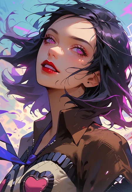 score_9, score_8_up, score_7_up, y0tt4, 1girl, solo,
mayap2, medium hair, black hair, purple eyes, lipstick, jacket, hearts, blue necktie, skirt,