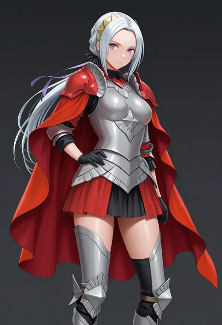 , high resolution, score_9, score_8_up, score_7_up, score_6_up, score_5_up, score_4_up, rating_explecit, crimsonj-girl.fightil, masterpiece, best quality, amazing quality, very aesthetic,
1girl, Edelgardthreehopes, long hair, white hair, hair ribbon, Ponytail, hair ornament, purple eyes, red cape, armor, breastplate, breasts, skirt, armored boots,
solo,
simple background,