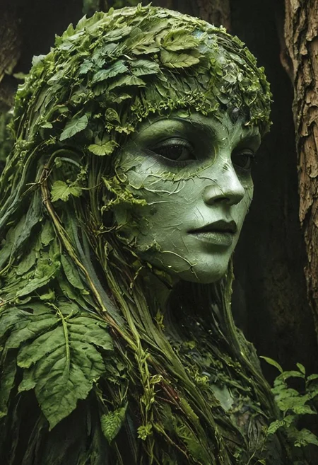 Capture a stunning Closeup of an ethereal midsummer witch upon a hill, from a mushroom in an eerie little beautiful Nature wood, armored dark Spirit wearing hooded Linen cape designed By Studio ghibli, masked with a Bright wooden birch Mask shaped Like a leaf, very detailed and vibrant outworn but colorful, She is wearing armor made entirely of grass, both dried and fresh. The grass is meticulously laid over her arms and limbs, securely fastened with ancient leather straps. , wielding colorful two-toned giant sword,
very detailed, Shot in UHD