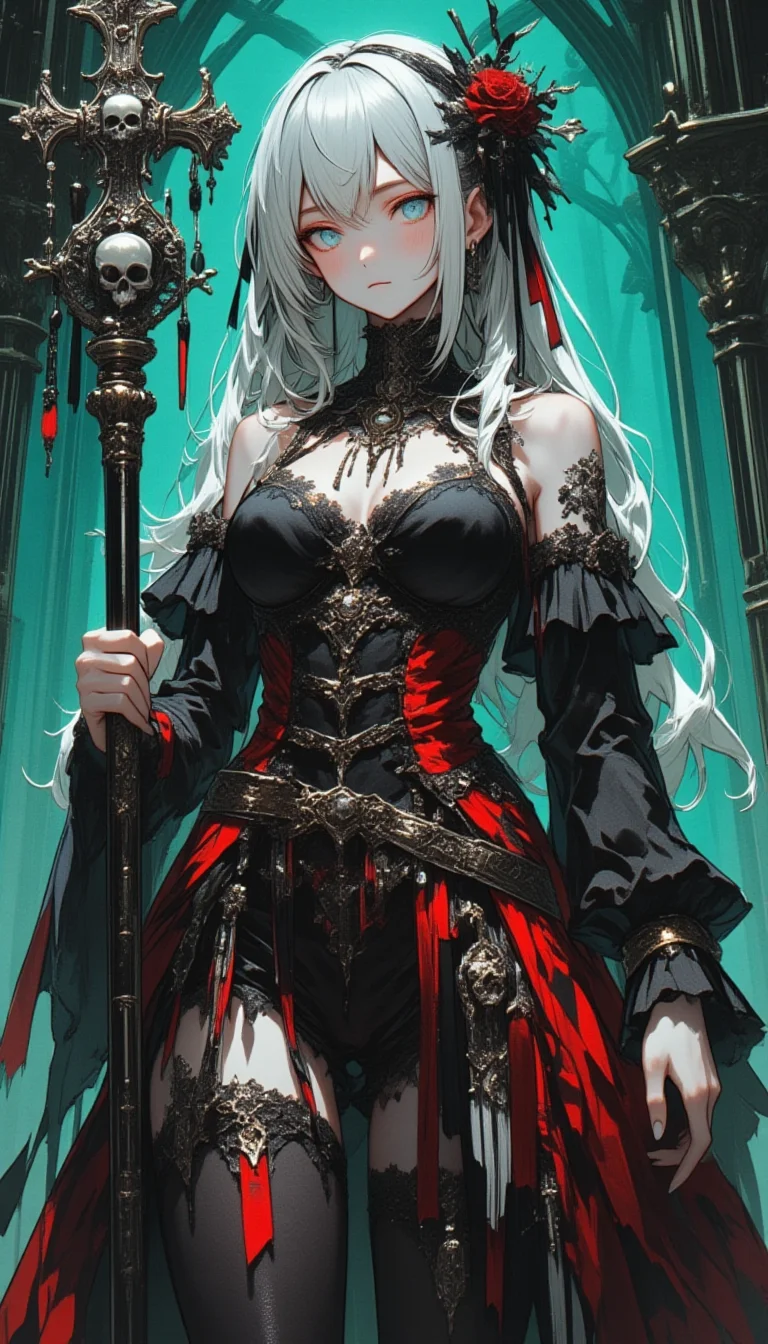 upper body of A gothic-style sexy erotic large breasts girl character stands in a dark cathedral, with long platinum-blonde hair, pale skin, and light blue eyes. She wears an intricate red and black Victorian outfit with lace, ribbons, and silver adornments, holding an ornate cross-like staff with skulls. The eerie, bluish-green lighting and gothic architecture create a mysterious and haunting atmosphere.
anime, watercolor
AI