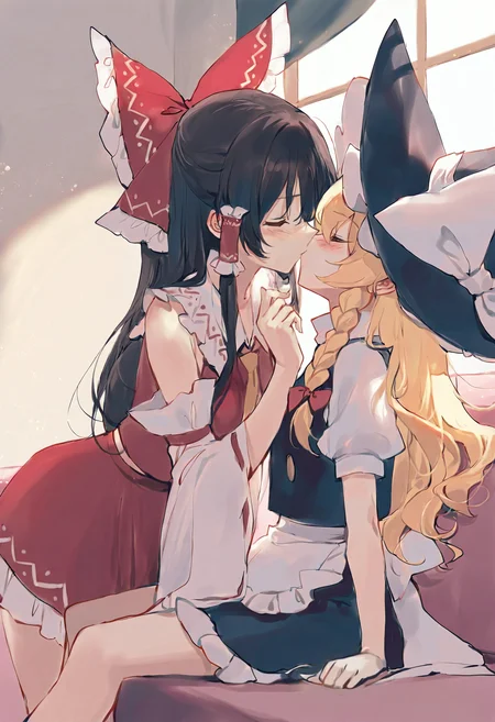koruri, haoni, deadnooodles, mishima kurone, yd \(orange maru\), maccha \(mochancc\), 2girls, yuri, kissing, hakurei reimu and kirisame marisa, closed eyes, cowboy shot, indoors, on couch, best quality, amazing quality, very aesthetic, absurdres