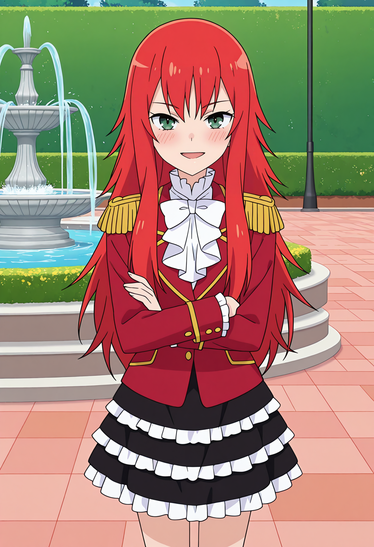 highres, best quality, masterpiece,
1girl, solo,
blush,
<lora:_beru_renjouji-elesico-ilxlB:1>  outdoors, garden, fountain, rnlvberu, school outskirts, long hair, red hair, green eyes, anime screencap, pberedel, epaulettes, aiguilette, red jacket, white ascot, frills, long sleeves, black skirt, layered skirt, frilled skirt, open mouth, crossed arms, looking at viewer, smile, standing,