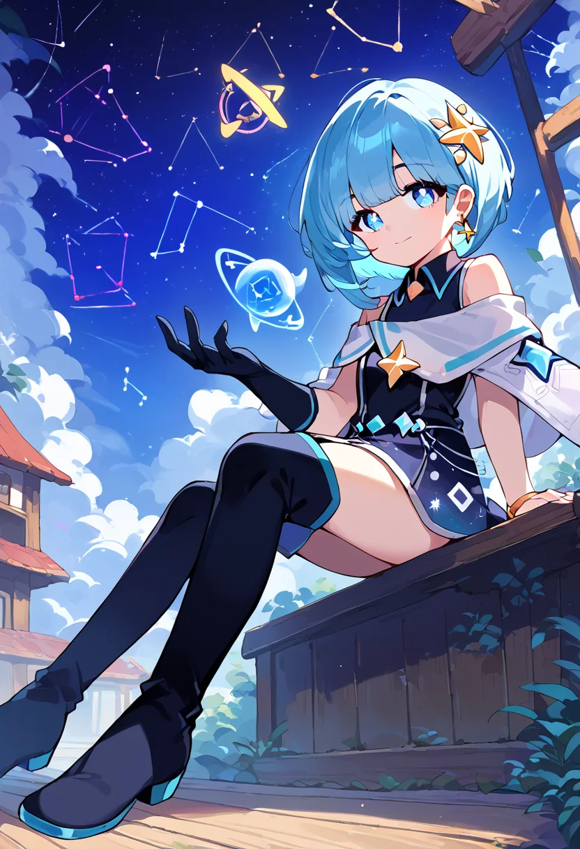 score_9,score_8_up,score_7_up,source_anime,zPDXL3,fantasy,town,wooden bench,sitting,smile,from below, 
*//*,<lora:SiaAstelle_Pony:1>,sia_astelle,1girl,solo,blue hair,short hair,bangs,blue eyes,gloves,thighhighs,thigh boots,star (symbol),earrings,hair ornament,jewelry,black dress,sleeveless,black footwear,single glove,black elbow gloves,smile,(star_wolf, wolf, oversized animal, galaxy skin, constellation:1.3),looking at viewer,cowboy shot,dutch angle,dynamic pose,