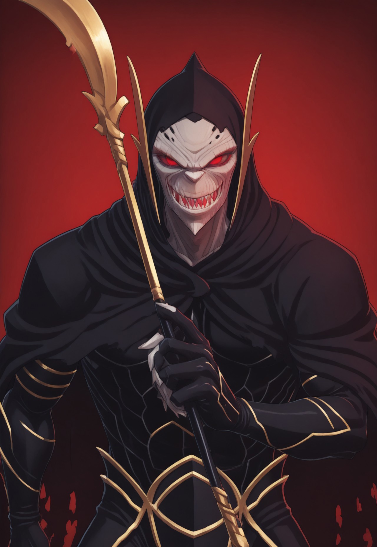 e background, simple background, solid color background, 2d, 1male, solo, toned male, Marvel, CorvusGlaive, Black cloak, black hood, gold headgear, Alien male, grey skin, grey-skinned male, colored skin, red sclera, no pupils, glowing eyes, sharp teeth, black bodysuit, gold trim, armor, claws, Upper body, front view, looking at viewer, evil smile, weapon, Glaive, gold Glaive, holding Glaive
