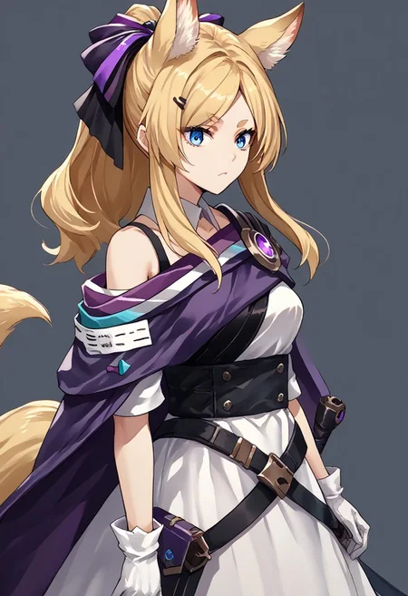 score_9, score_8_up, score_7_up, score_6_up, score_5_up, score_4_up, source_anime, solo, 1girl, 
WhislashGloPu, blue eyes, blonde hair, animal ears, tail, thick eyebrows, long hair, ponytail, hairclip, hair bow, detached collar, white dress, single bare shoulder, purple shoulder sash, white gloves, black belt, black thighhighs, 
masterpiece, best quality, very aesthetic, absurdres,