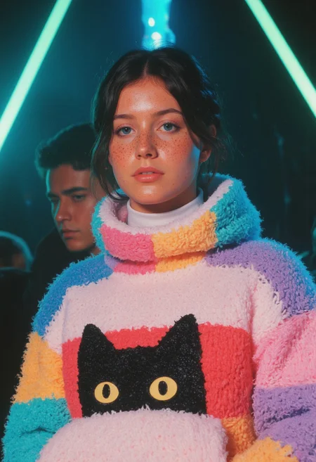 An M100-style high-quality analog photo capturing a natural, freckled woman exuding warmth and charm. She wears a chunky, oversized, knitted fluffy sweater composed of multiple soft hues—pink, red, blue, and purple—blending seamlessly into a dreamy, rainbow-like effect. The sweater features a bold, textured black cat logo with large round eyes at its center, adding a playful and cozy touch. Her expression is serene and introspective, her fiery freckles illuminated delicately by atmospheric lighting that wraps her face in a soft glow.
The scene is bathed in volumetric lighting, with faint rays cutting through an atmospheric haze, creating an ethereal ambiance. The backdrop hints at a hyperpunk-inspired setting with desaturated dark turquoise elements, contrasting the vibrant colors of her sweater. Film grain texture enhances the analog aesthetic, evoking a nostalgic yet futuristic mood.
This is a masterpiece of photographic detail, presented in extremely high-quality RAW format, with a 4K resolution that sharpens every strand of the fluffy fabric and every freckle on her face. The cinematic composition uses dynamic contrasts: the vibrant colors of the sweater stand out against the subtle, desaturated environment, creating a striking visual tension. The hyperpunk atmosphere is heightened by faint neon reflections and textures, blending seamlessly with the soft sweater’s cozy appeal.