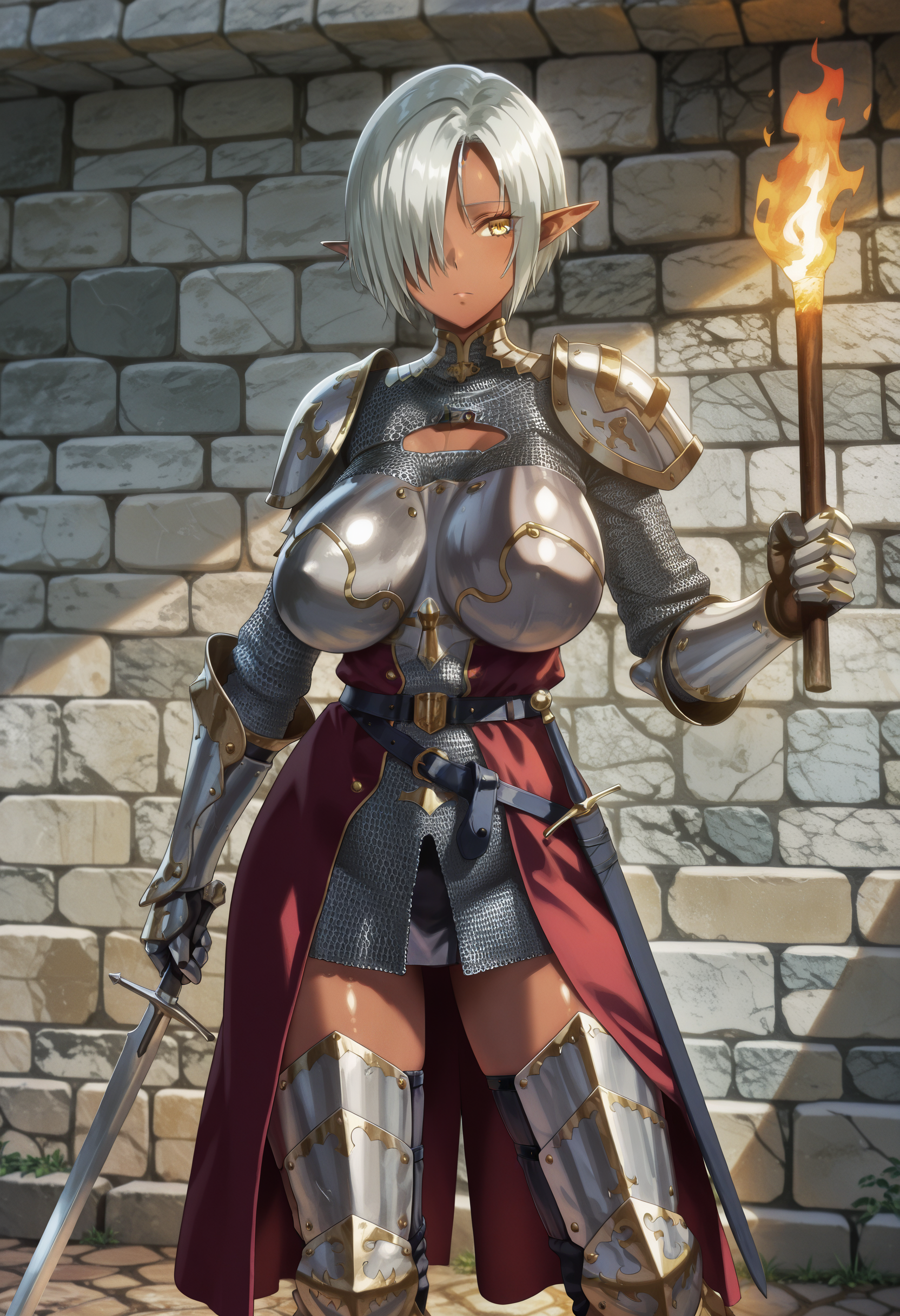 1girl, solo, (chainmail:1.1), Wiora Auris, silver hair, short hair, hair over one eye, yellow eyes, dark-skinned female, elf, large breasts, gauntlets, leg armor,
indoors, stone wall, torch, sword,
best quality, very aesthetic, masterpiece,