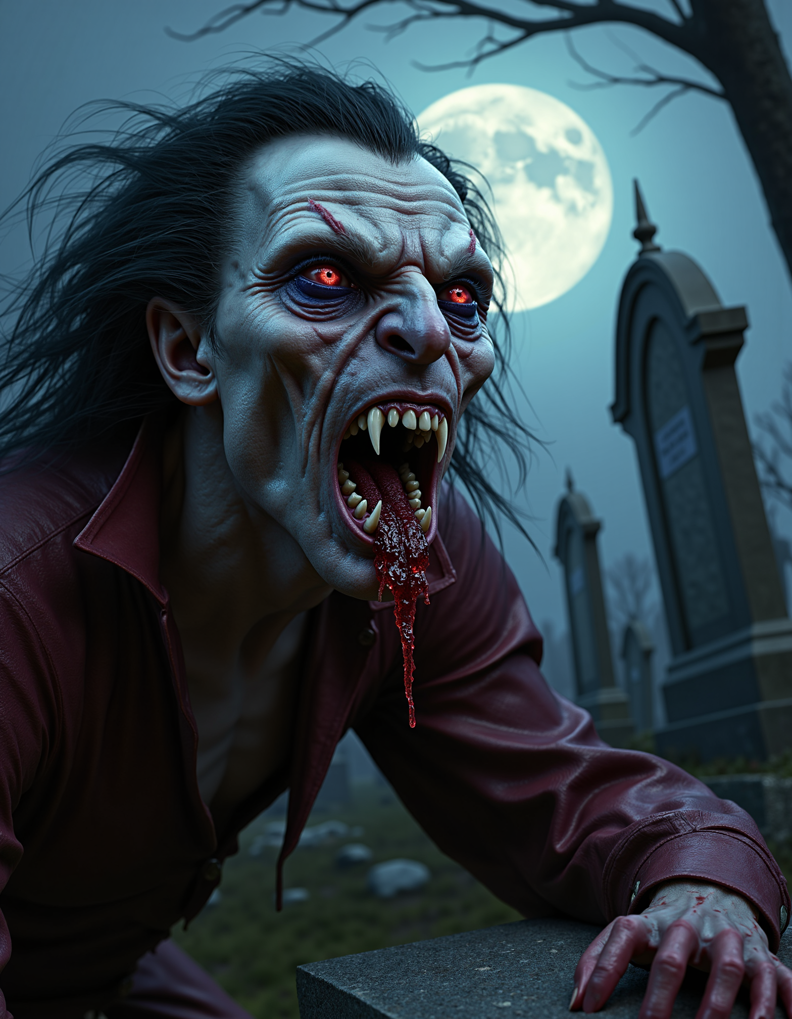 zavy-vmpr, Extreme close-up from a low angle capturing piercing amethyst eyes and elongated canines of a wild-haired feral vampire, baring fangs as he savors the metallic scent of blood, surrounded by a moonlit, overgrown cemetery with shattered tombstones and creeping ivy, shot in a dramatic chiaroscuro style accentuating shadows and highlights, featuring a deep crimson and eerie teal color palette.