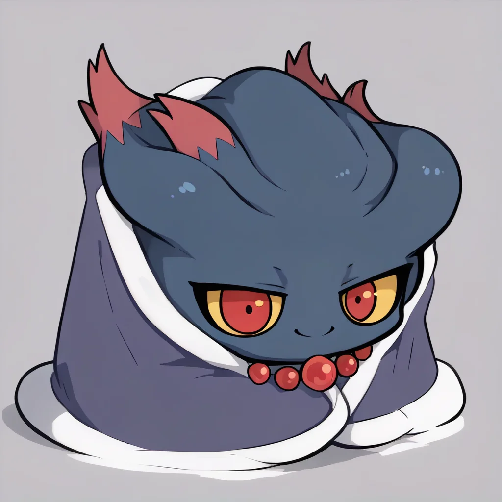 score_9, score_7_up, source_anime, <lora:CozyBlanket_pdxl_Incrs_v1:1> blanket, under covers, chibi, smile, <lora:MisdreavusPKMN-pdxl:1> misPKMN, pokemon \(creature\), ghost, no humans, yellow sclera, red eyes, bead necklace, simple background