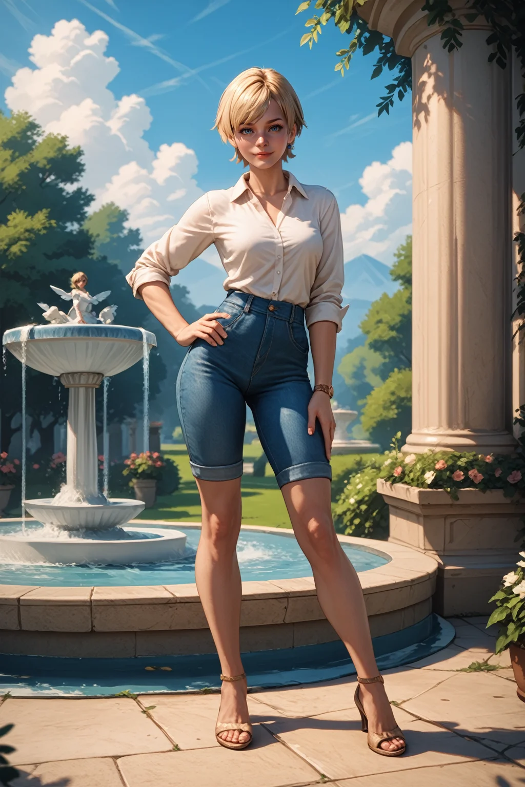 score_9, score_8_up, score_7_up, score_6_up
<lora:RE6Sherry:0.8>
RE6Sherry, 1girl, blonde hair, short hair, blue eyes, looking at viewer, full body, hand on hip, smug, happy, fountain, blue sky