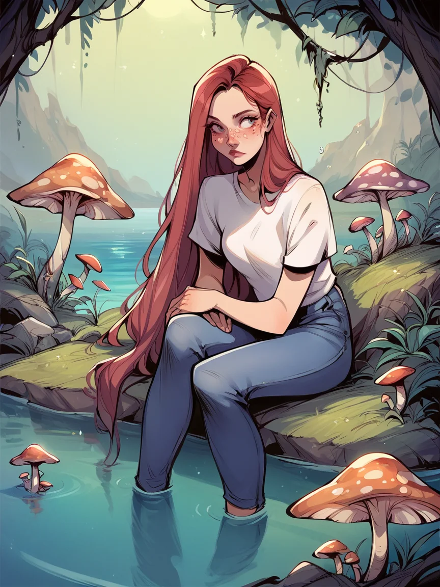 score_9, score_8_up, score_7_up, score_6_up, score_5_up,  <lora:luskyXLP:1> lusky, 1girl, mushroom, lake, jeans, t-shirt, long hair