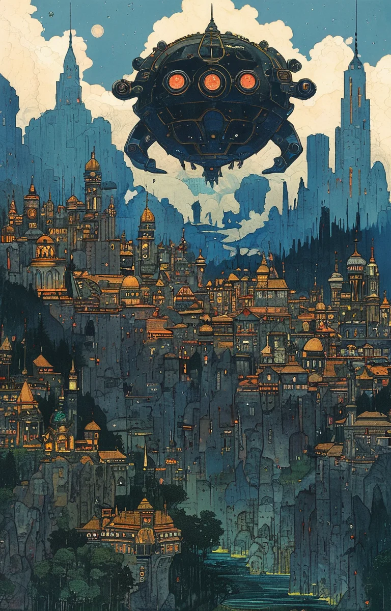 masterpiece,best quality,<lora:tbh166-sdxl:0.9>,illustration,style of Ivan Bilibin, cyberpunk city