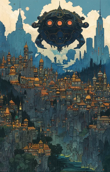 masterpiece,best quality,<lora:tbh166-sdxl:0.9>,illustration,style of Ivan Bilibin, cyberpunk city