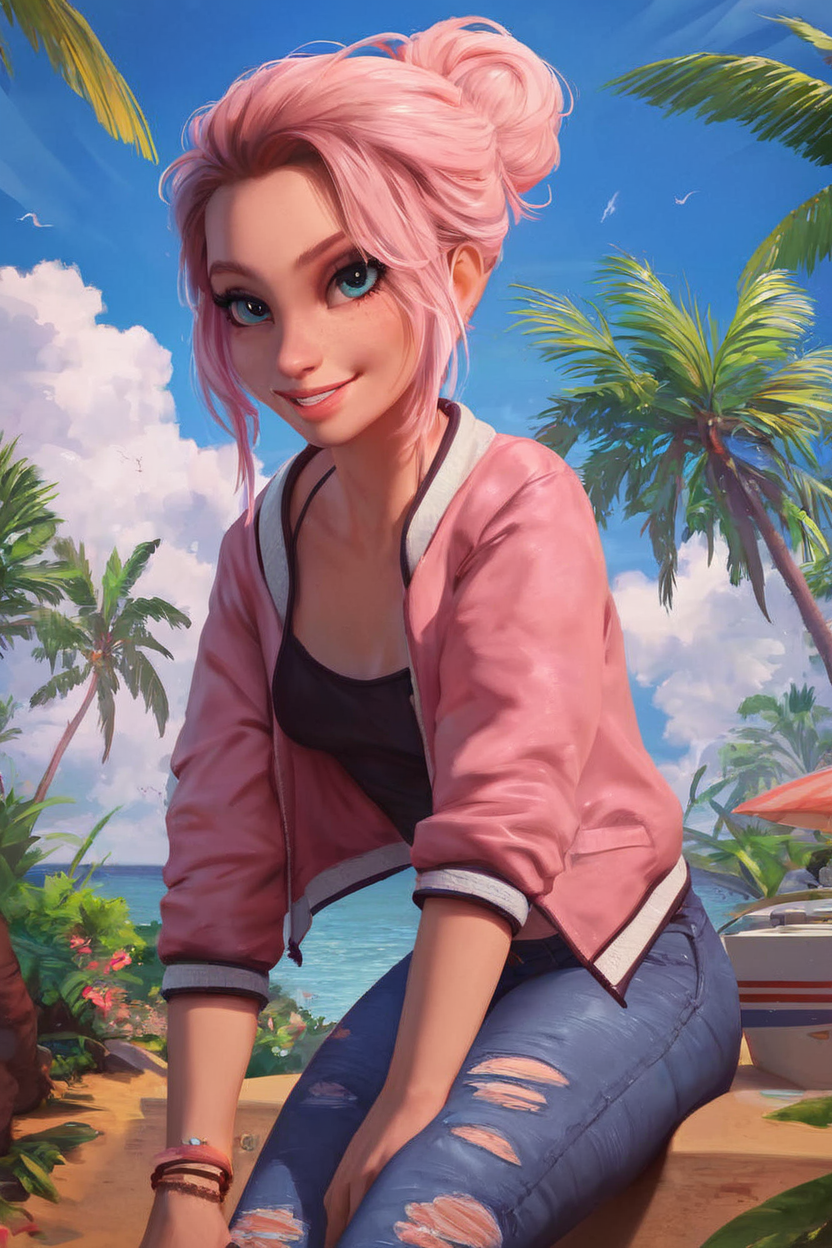 score_9, score_8_up, score_8, medium breasts, (curvy), cute, eyelashes,        BREAK, ,  <lora:Brooklynn_Jurassic_Park_PDXL_v2:0.5>, ,  zzBrooklynn, pink hair, single hair bun,   pink jacket, denim pants,  sitting, leaning forward, tropical beach,  BREAK,   smile, looking at viewer, cowboy shot, outdoors, sky, day, cloud, tree, blue sky, sunny,   embedding:zPDXL, Expressiveh,  <lora:Expressive_H-000001:0.4>,