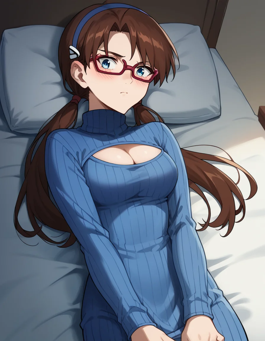 score_9, score_8_up, score_7_up, source_anime, <lora:mari-makinami-rebuild-ponyxl-lora-nochekaiser:1>, mari makinami, long hair, brown hair, twintails, low twintails, hairband, blue hairband, blue eyes, parted bangs, glasses, opaque glasses, medium breasts,, <lora:open-chest-sweater-ponyxl-lora-nochekaiser:1>, open-chest sweater, ribbed sweater, cleavage cutout, meme attire, clothing cutout, turtleneck, sweater dress, cleavage, clothes tug, sweater pull, cleavage reach,, indoors, bed, bed room, blush, on bed, on back, , cowboy shot, dutch angle