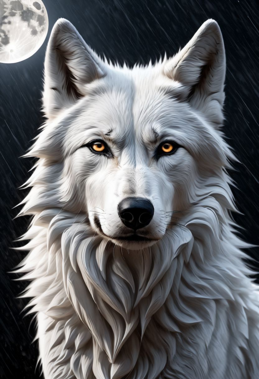 white and black wolf, sad, determined. lonely wolf, abandoned by his friends, crying or help, ((((tears in his eyes)))), looking at his friends from far away, (((howling))), extremely sad composition, masterpiece,  white fur, Royal, in a heavy rain, full moon, it's head is down, Photorealistic, volumetric shading, Hyperdetailed, perfect composition, beautiful detailed, 8k artistic photography, volumetric cinematic perfect light, award - winning photograph,