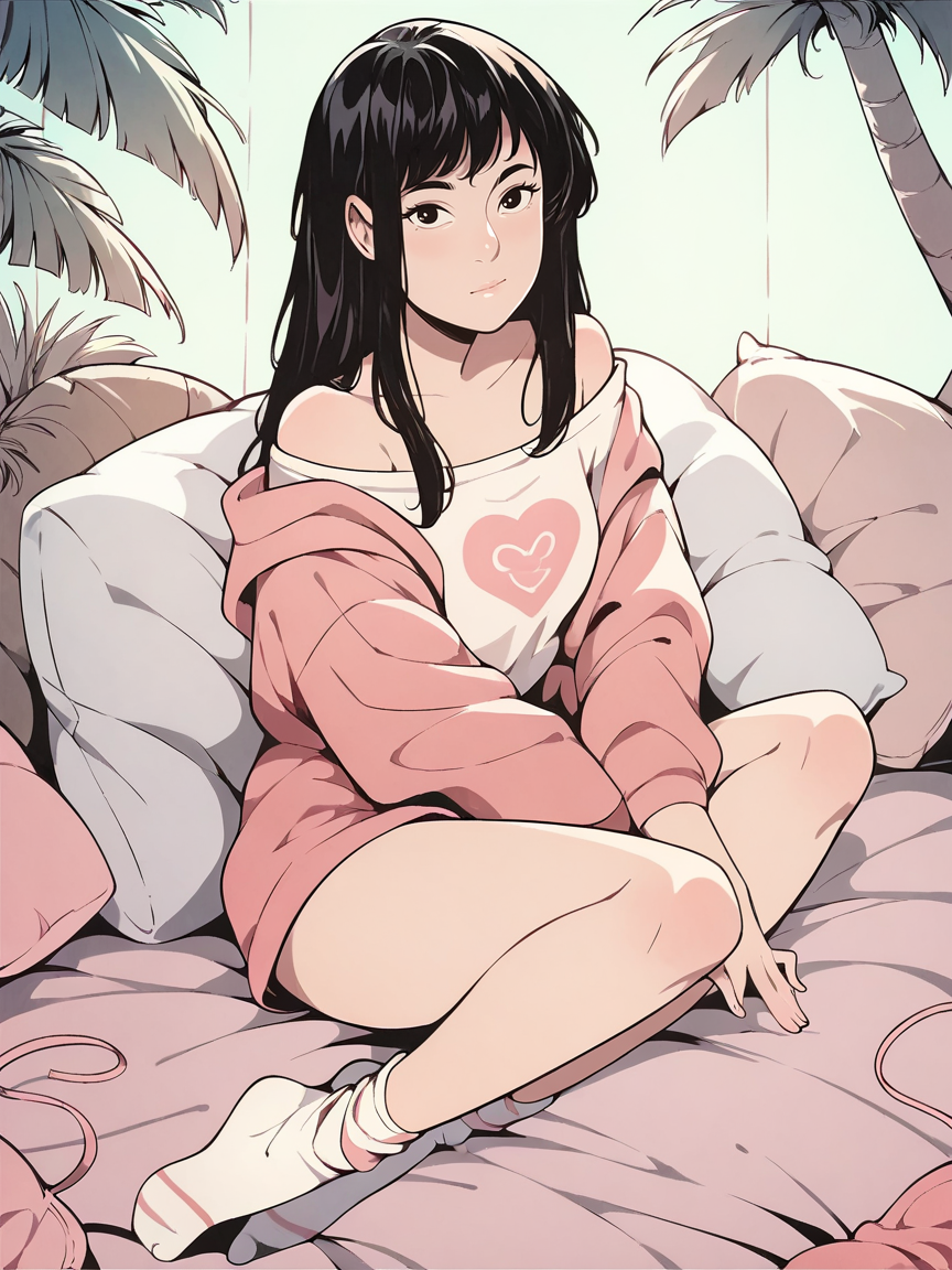 score_9, score_8_up, score_7_up, score_6_up, score_5_up,  <lora:l4ur4dXLP:1> l4ur4d, pink, socks, off shoulder, long hair, simple background, hoodie, palm tree, pillow, looking at viewer,