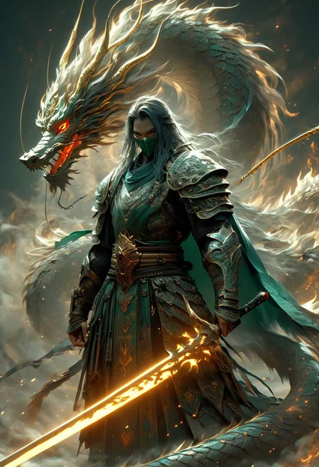 minimalism, WLOP art style, a character worrior with long ghostblade in hand, eye light, sharpness, dragon behind, cinematic foootage, (full body), intricate details,8k post production, faithful, Religious denomination,colorful cinematic, dark green red white blue gold fire tone