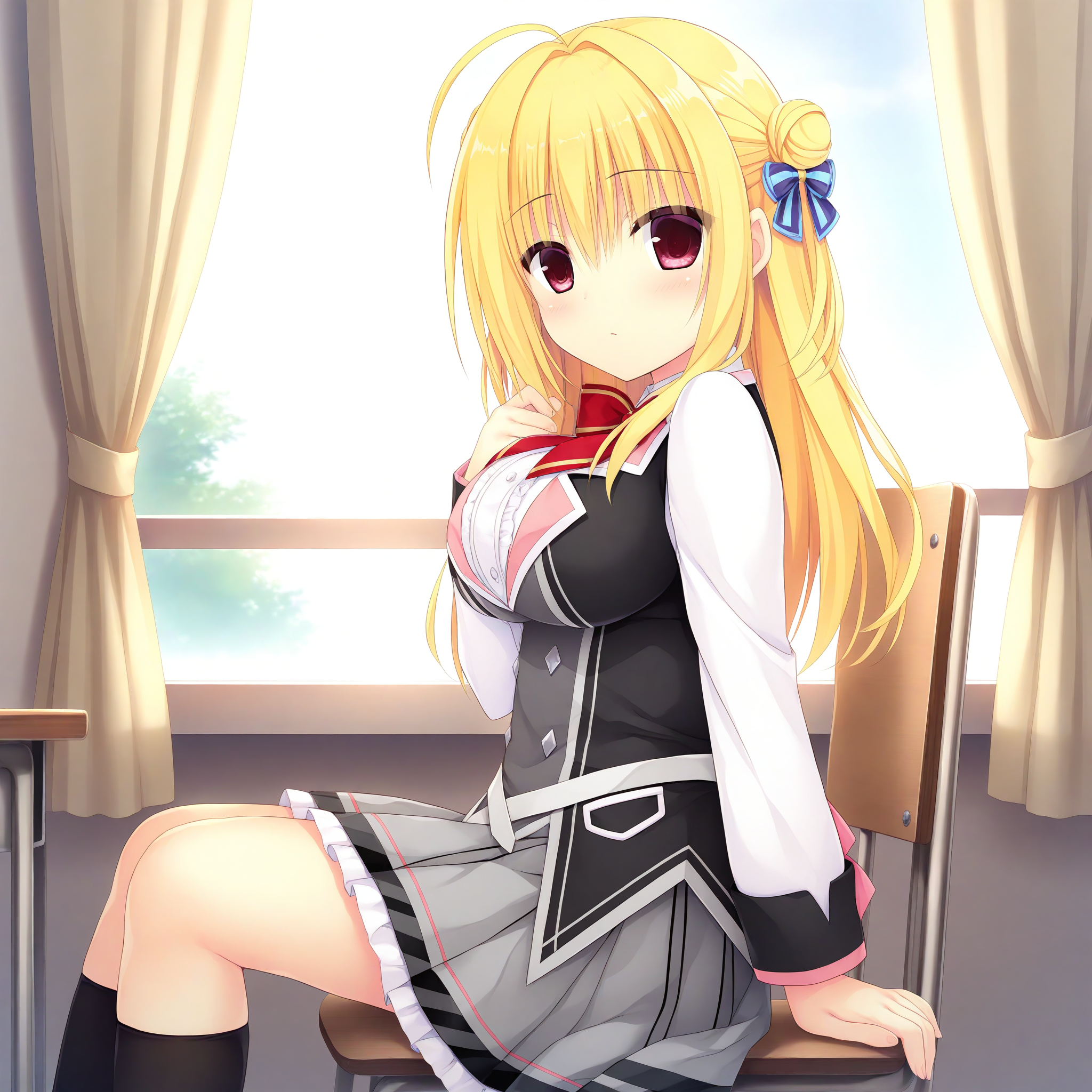 <lora:Izumi_Hiyori_1_nai-000029:1>,Izumi Hiyori,hair bun,hair bow,braid,
school uniform,black socks,kneehighs,
1girl,solo,looking at viewer,sitting,from side,arm support,on chair,desk,indoors,window,curtains,day,