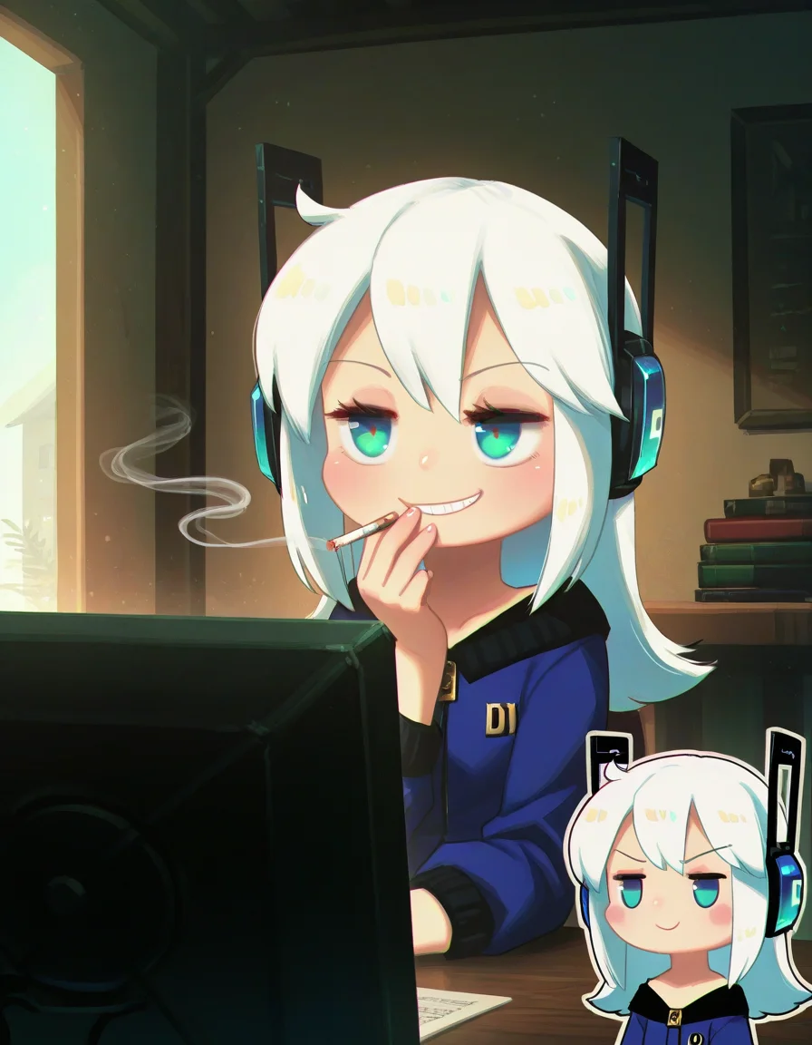 1girl, smoking, jitome, digitan \(porforever\), sarcastic smile 
porforever,