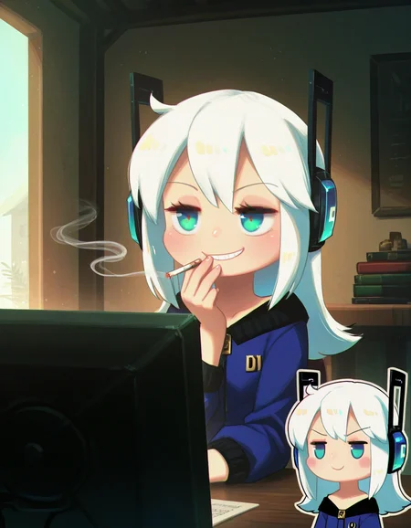 1girl, smoking, jitome, digitan \(porforever\), sarcastic smile 
porforever,