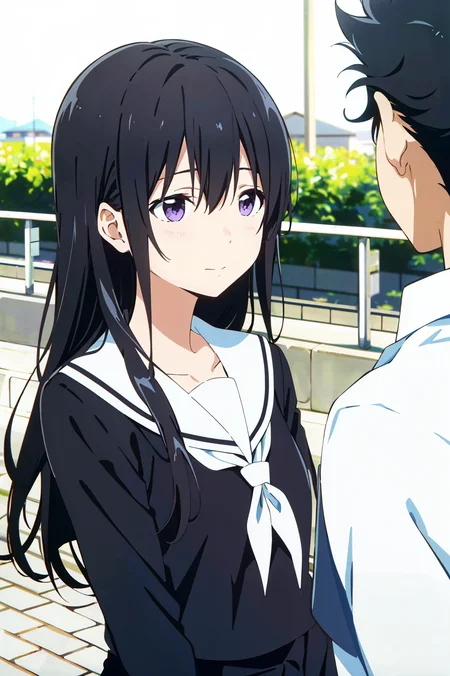 koe no katachi, 1girl, long hair, black hair, 1boy, school uniform, purple eyes, shirt, blurry, serafuku, sailor collar, letterboxed, outdoors, white shirt, closed mouth, kitauji high school uniform, looking at another, depth of field, bangs, day, collarbone, blurry background, white sailor collar, solo focus, ((masterpiece)) <lora:koe_no_katachi_offset:1>