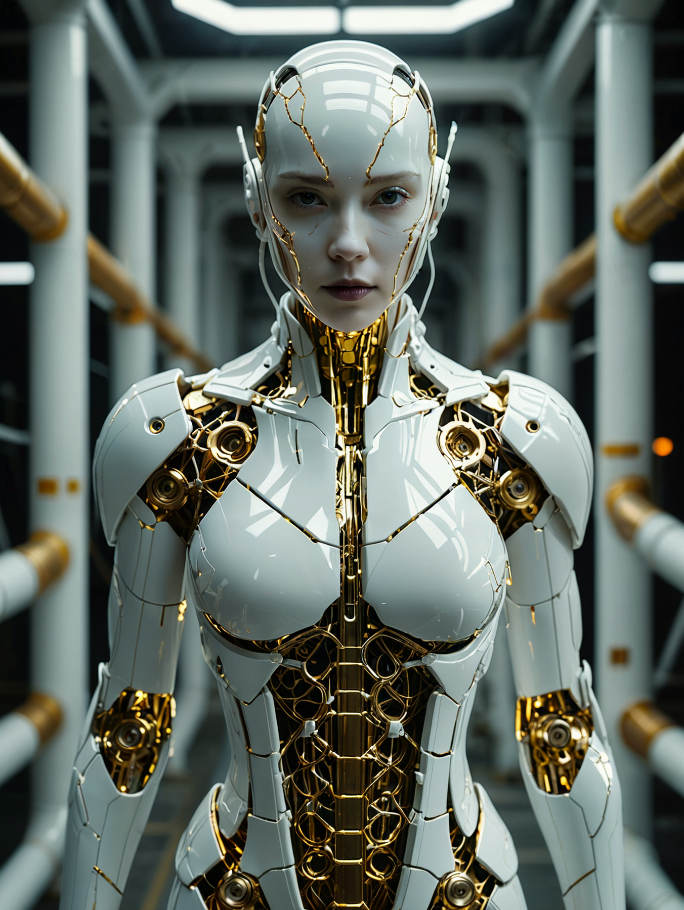 Professional photography. award winning cinematic photo.

A pure white cyborg in the Kintsugi style. Connected to complex pipes. Standing. Looking at viewer.
